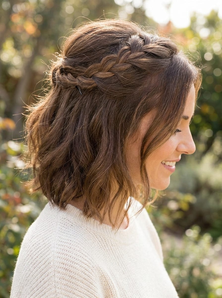 Half-Up mit kleiner Flechtpartie - Flechtfrisur für kurze Haare